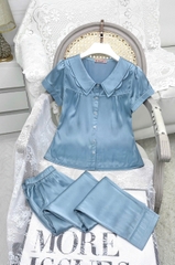 Y686A Lụa satin quần dài XANH trơn cổ 2 tầng