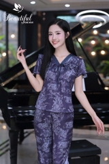 Y675C Lụa satin quần lửng XANH THAN cổ V tết