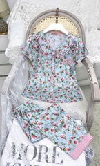 Y679D Lụa satin quần lỡ XANH hoa hồng cổ 2 tầng