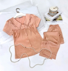 Y686C Lụa satin quần dài CAM trơn cổ 2 tầng