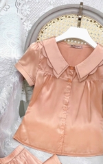 Y686C Lụa satin quần dài CAM trơn cổ 2 tầng
