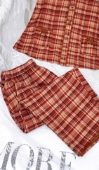 Y694A Lụa Mango quần lửng KẺ CAM cổ bèo 2 lớp