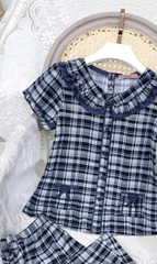 Y694B Lụa Hàn quần lửng KẺ XANH cổ bèo 2 lớp