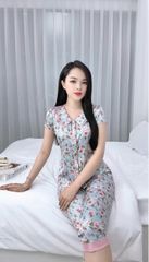 Y679D Lụa satin quần lỡ XANH hoa hồng cổ 2 tầng