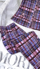 Y679E Lụa Mango quần lỡ TÍM kẻ nâu cổ 2 tầng