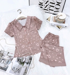 Y699A Lụa satin quần lửng NÂU tim hồng cổ W 2 lớp
