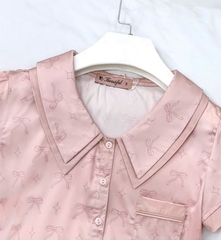 Y699D Lụa satin quần lửng HỒNG hình nơ cổ W 2 tầng