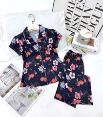 Y708C Lụa Mango quần lỡ XANH THAN hoa đỏ cổ sen vòng sau