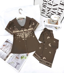 Y705D Lụa Mango tay cộc quần dài NÂU lady cổ vòng