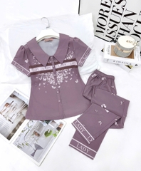 Y705C Lụa Mango tay cộc quần dài TÍM lady cổ vòng