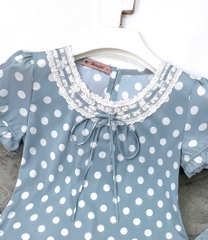 Y716B Lụa Mango quần dài XANH chấm bi cổ tròn ren