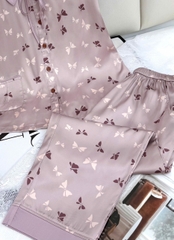 Y732A Lụa Satin quần lỡ NÂU bướm cổ 2 tầng