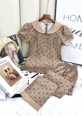 Y735B Lụa Satin quần dài NÂU chấm bi cổ sen vòng