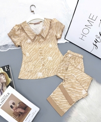 Y736B Lụa Satin quần dài VÀNG sọc cổ sen W