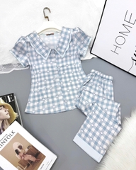 Y736A Lụa Satin quần dài XANH kẻ cổ sen W