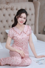 Y743A Lụa Satin quần dài HỒNG chữ V cổ lượn 2 tầng