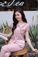 Y743A Lụa Satin quần dài HỒNG chữ V cổ lượn 2 tầng