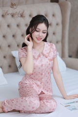 Y743A Lụa Satin quần dài HỒNG chữ V cổ lượn 2 tầng