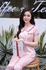 Y743A Lụa Satin quần dài HỒNG chữ V cổ lượn 2 tầng