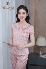 Y743A Lụa Satin quần dài HỒNG chữ V cổ lượn 2 tầng