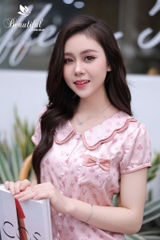 Y743A Lụa Satin quần dài HỒNG chữ V cổ lượn 2 tầng