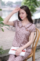 Y743B Lụa Satin quần dài NÂU chữ V cổ lượn 2 tầng