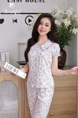 Y736C Lụa Hàn quần dài TÍM hoa nhí cổ sen W
