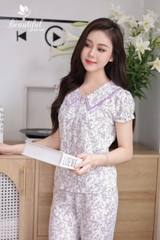 Y736C Lụa Hàn quần dài TÍM hoa nhí cổ sen W