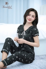 Y749A Lụa Mango quần dài ĐEN nơ cổ bèo dây buộc