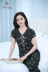 Y749A Lụa Mango quần dài ĐEN nơ cổ bèo dây buộc