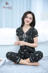 Y749A Lụa Mango quần dài ĐEN nơ cổ bèo dây buộc
