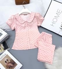Y669D Lụa Satin quần lửng BE NHẠT chấm bi cổ sen