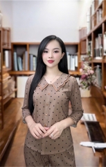 Y801A Lụa Mango tay lỡ NÂU chấm bi cổ sóng 2 lớp