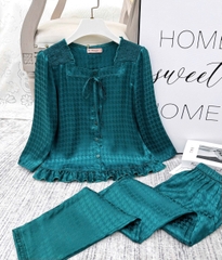 Y829C Lụa Gấm tay lỡ XANH KÉT vai chun răng sói cổ vuông