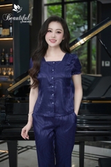 Y920E Lụa Gấm quần dài XANH THAN vân lá nơ cổ vuông