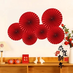 Set 6 quạt tròn đỏ treo trang trí  quà tết, decor ý nghĩa may mắn đầy đủ
