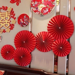 Set 6 quạt tròn đỏ treo trang trí  quà tết, decor ý nghĩa may mắn đầy đủ