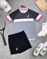 Bộ Asics - Áo xám đen hồng quần đen
