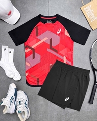 Bộ Asics - Áo hoạ tiết đỏ quần đen