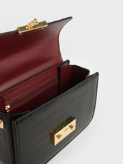 Croc Effect Chain Strap Square Shoulder Bag