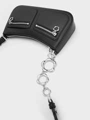 Flower-Embellished Trapezoid Shoulder Bag