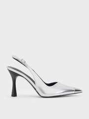 Metallic Cap Pointed-Toe Slingback Pumps