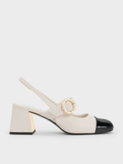 Patent Two-Tone Pearl Buckle Slingback Pumps