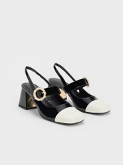 Patent Two-Tone Pearl Buckle Slingback Pumps