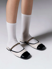 Patent Two-Tone Chain-Strap Mules Long
