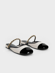 Patent Two-Tone Chain-Strap Mules Long
