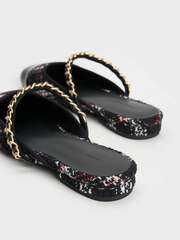 Patent Two-Tone Chain-Strap Mules Long