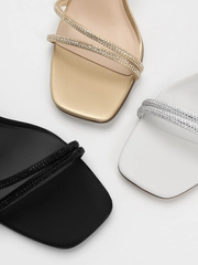 Satin Crystal-Embellished Block-Heel Strappy Sandals