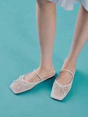 Mesh Bow Square-Toe Ballet Mules