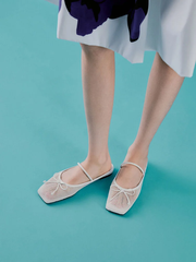Mesh Bow Square-Toe Ballet Mules